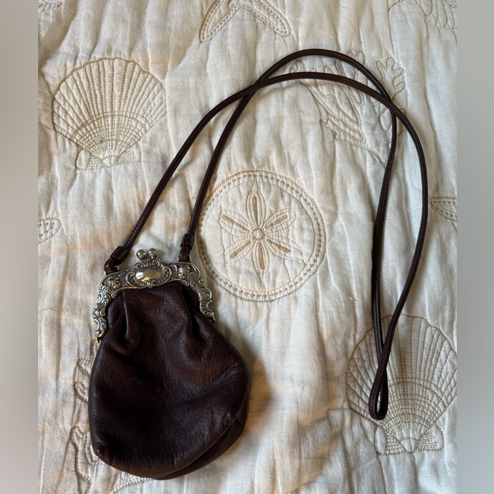 Vintage Leather Kiss Lock Mini Crossbody Bag | Boho Brown Purse - Picture 4 of 10